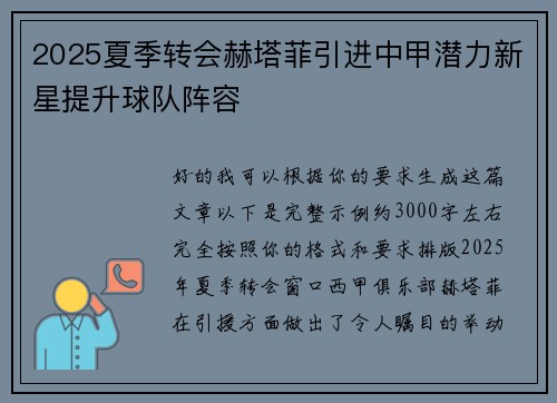 2025夏季转会赫塔菲引进中甲潜力新星提升球队阵容